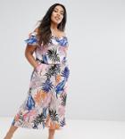 New Look Curve Palm Print Ruffle Culotte Jumpsuit - White