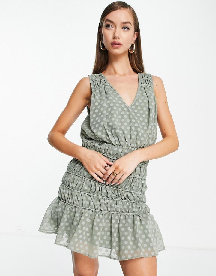 Asos Design Soft Sleeveless Mini Dress With Ruched Skirt In Textured Khaki-green