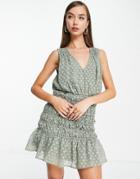Asos Design Soft Sleeveless Mini Dress With Ruched Skirt In Textured Khaki-green