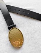Asos Design Slim Belt In Black Faux Leather In Round Gold Plate Buckle