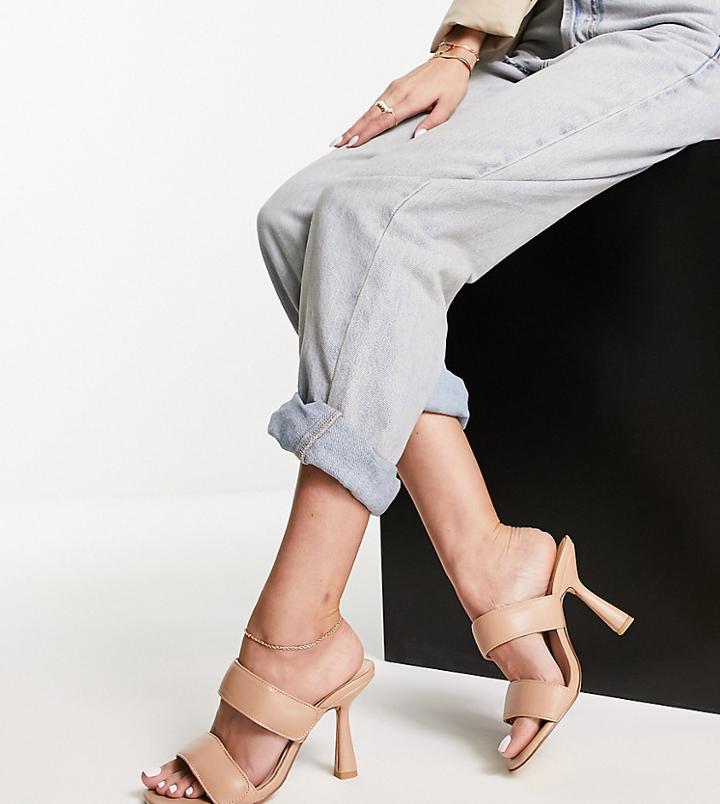 London Rebel Wide Fit Square Toe Heeled Mule Sandals In Beige-neutral