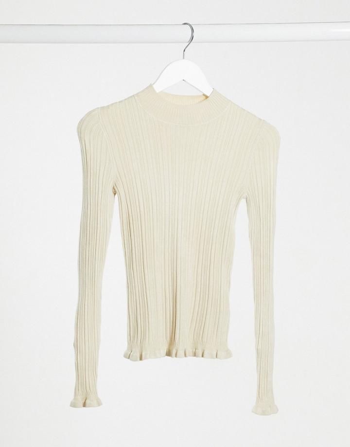 Miss Selfridge Frill Rib Sweater In Oatmeal-white