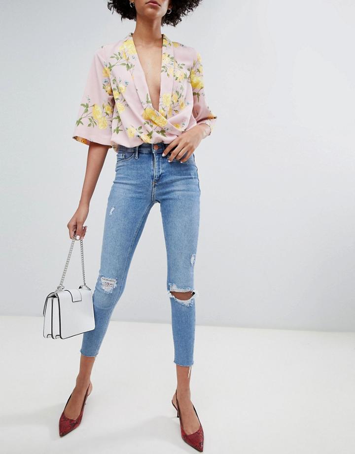 River Island Molly Distressed Raw Edge Skinny Jeans In Mid Wash-blue