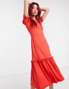 River Island Lace Puff Sleeve Tiered Midi Dress In Red