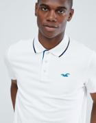 Hollister Tipped Pique Polo Seagull Logo Slim Fit In White - White