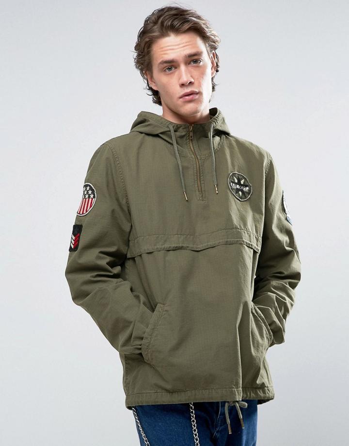 Asos Overhead Windbreaker With Badges In Acid Wash Khaki - Green