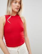 Pull & Bear Ribbed Crop Razor Back Top In Red - Red