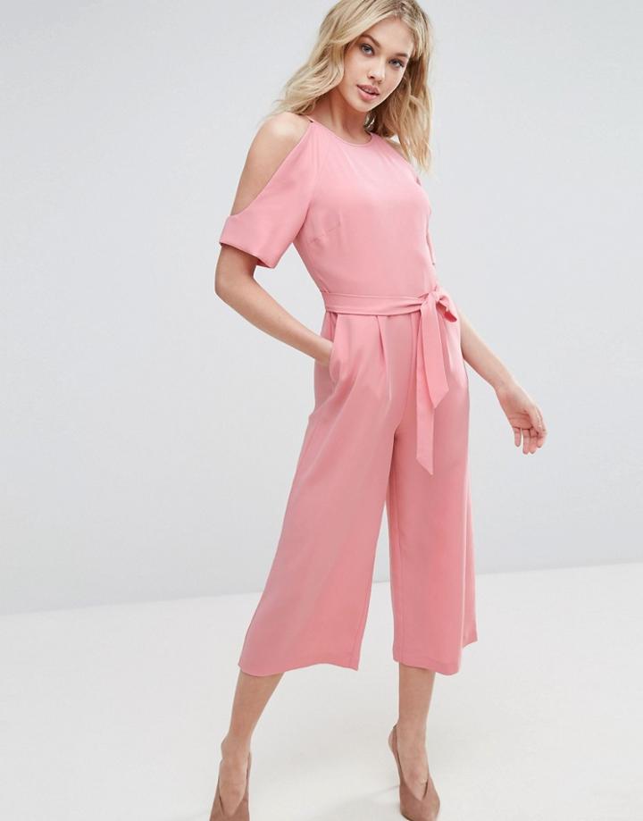Oasis Exposed Shoulder Tie Waist Jumpsuit - Pink