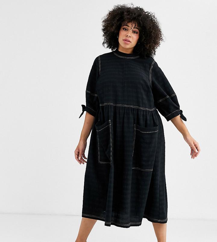 Asos Design Curve Textured Midi Smock Dress With Tie Sleeves-black