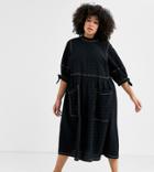 Asos Design Curve Textured Midi Smock Dress With Tie Sleeves-black