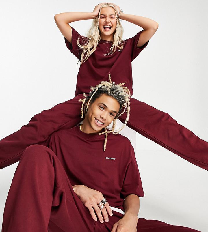 Collusion Unisex Oversized Logo T-shirt In Burgundy-red