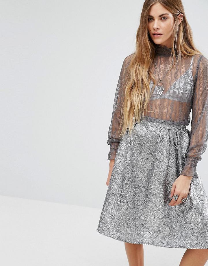 Navy London Bella Sheer Lace High Neck Top - Gray
