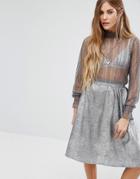 Navy London Bella Sheer Lace High Neck Top - Gray
