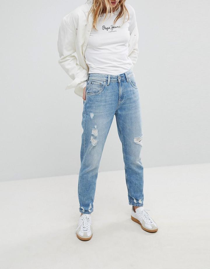 Pepe Jeans Violet High Waist Rigid Mom Jean With Distressing - Blue