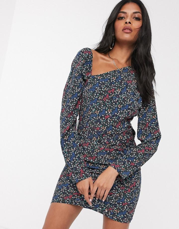 Fashion Union Asymmetic Shoulder Mini Dress With Ruching In Contrast Ditsy Floral-multi