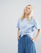 J.o.a Short Sleeve Blouse With Tie Front Detail - Blue