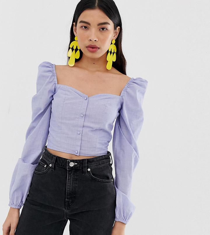 Stradivarius Square Neck Button Front Broderie Top-blue
