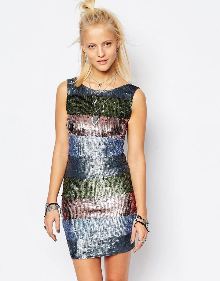 Religion Low Back Body-conscious Dress In Festival Stripe All Over Sequin - Multi