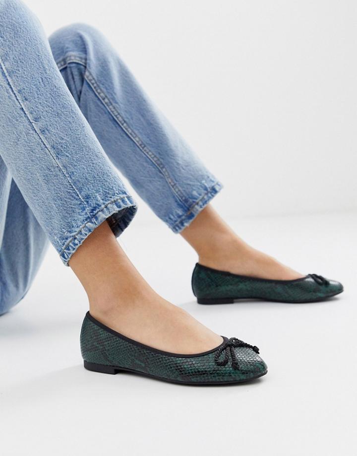 Asos Design Loretta Bow Ballet Flats In Green Snake