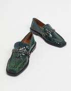 Asos Design Marsh Leather Chain Loafers In Green Snake