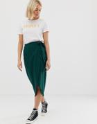 Asos Design Wrap Midi Skirt With Tie Side-green