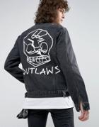 Roadies Of 66 Destroyed Washed Black Denim Jacket With Back Print And Raw Edge - Black