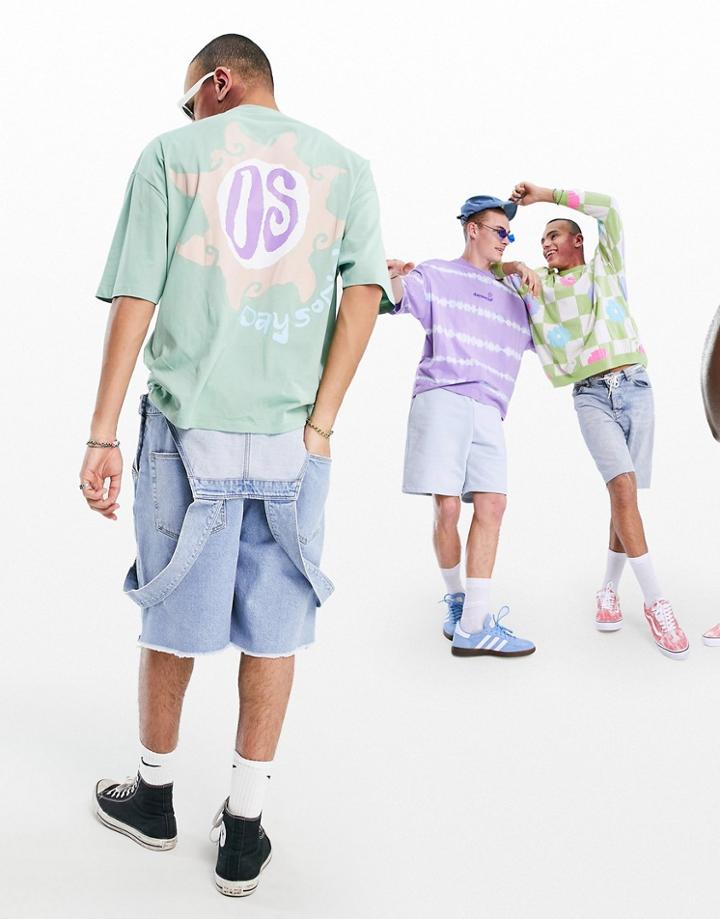 Asos Daysocial Oversized T-shirt With Multi Placement Sun And Logo Prints In Teal-green