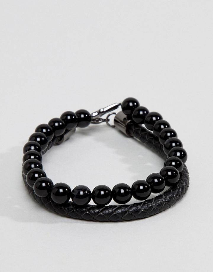 Simon Carter Onyx Beaded Bracelet With Cross Charm & Black Leather Bracelet In 2 Pack - Black