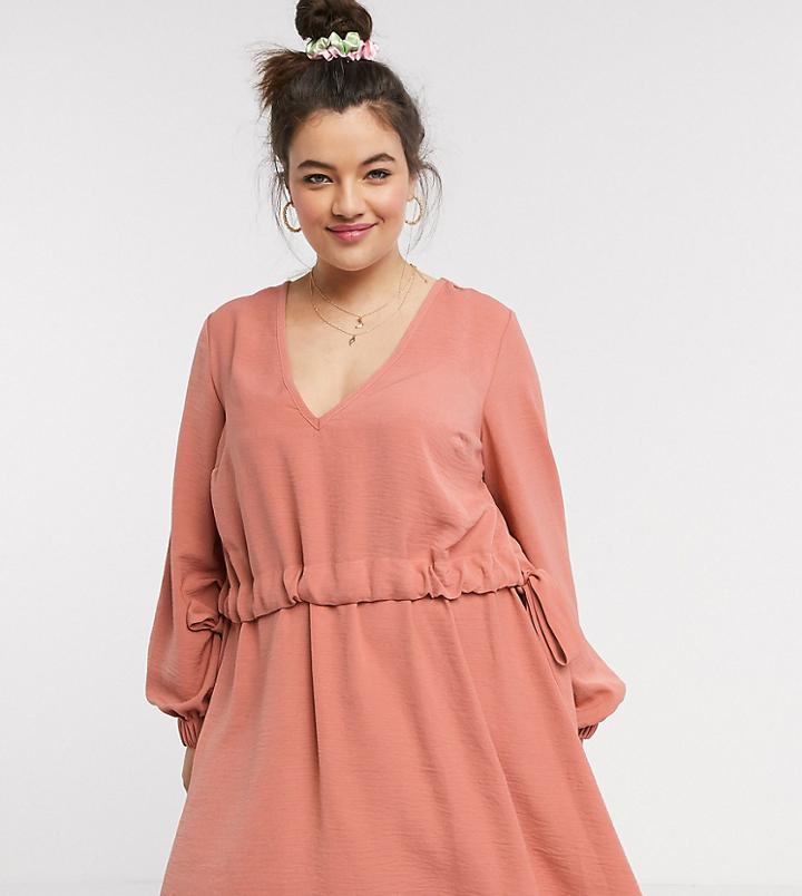 Asos Design Curve V Neck Ruched Waist Chuck On Mini Dress With Long Sleeves In Rust-pink