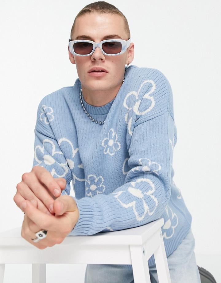 Asos Design Oversized Textured Floral Knit Sweater In Blue-blues