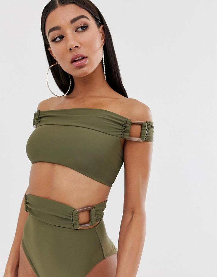 Asos Design Recycled Layered Bandeau Bikini Top With Tortoiseshell Ring Detail In Khaki-green