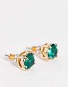 Asos Design Stud Earrings With Green Crystals In Gold Tone