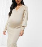 Asos Design Maternity Midi Dress With Open Collar Detail In Taupe-neutral