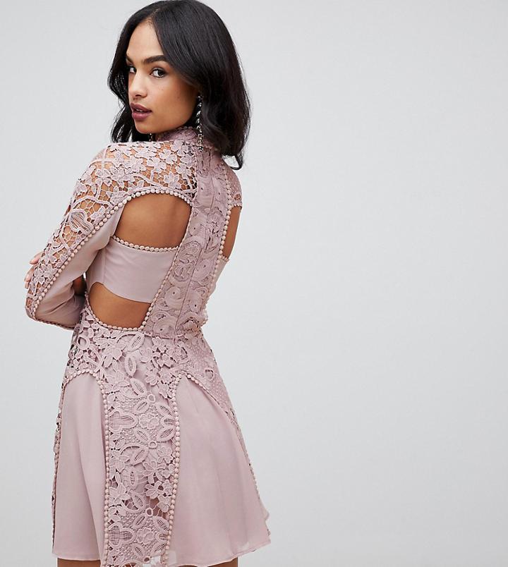 Asos Design Mini Dress With High Neck In Guipure Lace With Cut Out - Pink