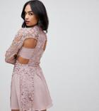 Asos Design Mini Dress With High Neck In Guipure Lace With Cut Out - Pink