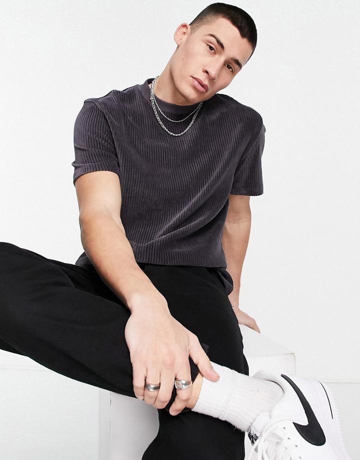 Asos Design Relaxed T-shirt In Dark Gray Ribbed Velour