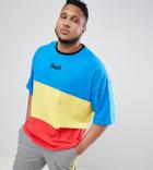 Asos Design Plus Oversized Color Block T-shirt With Text Print And Half Sleeve - Multi