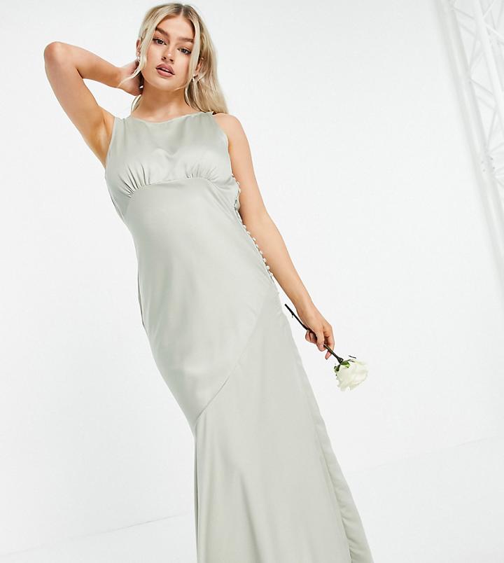 Asos Design Petite Bridesmaid Cowl Back Satin Maxi Dress With Button Side Detail In Olive-multi