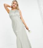 Asos Design Petite Bridesmaid Cowl Back Satin Maxi Dress With Button Side Detail In Olive-multi