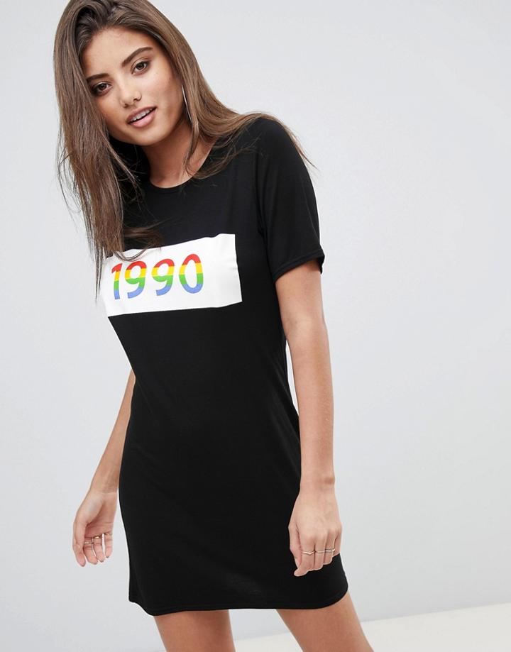 Boohoo Rainbow 1990 Slogan T-shirt Dress - Black