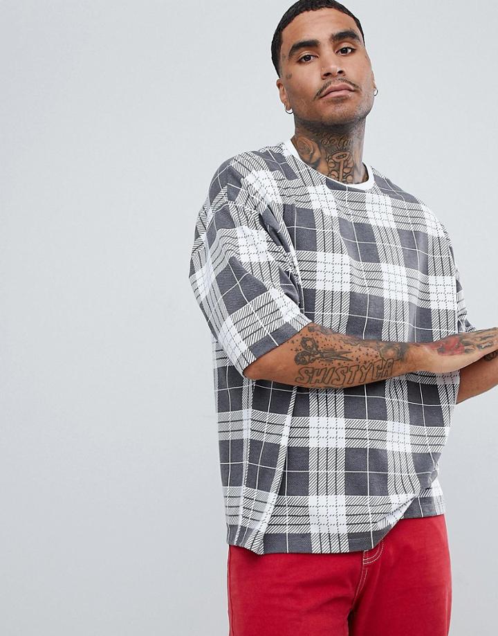 Asos Design Oversized T-shirt With All Over Check Print With Half Sleeve - White