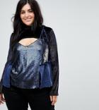 Lost Ink Plus Velvet Flared Sleeve Top With Sequin Cami Overlay - Navy