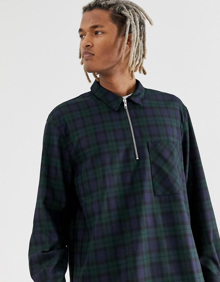 Mennace Oversized Shirt With Half Zip In Check-green
