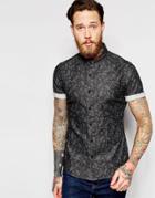 Asos Skinny Denim Shirt With Paisley Print In Short Sleeve - Black