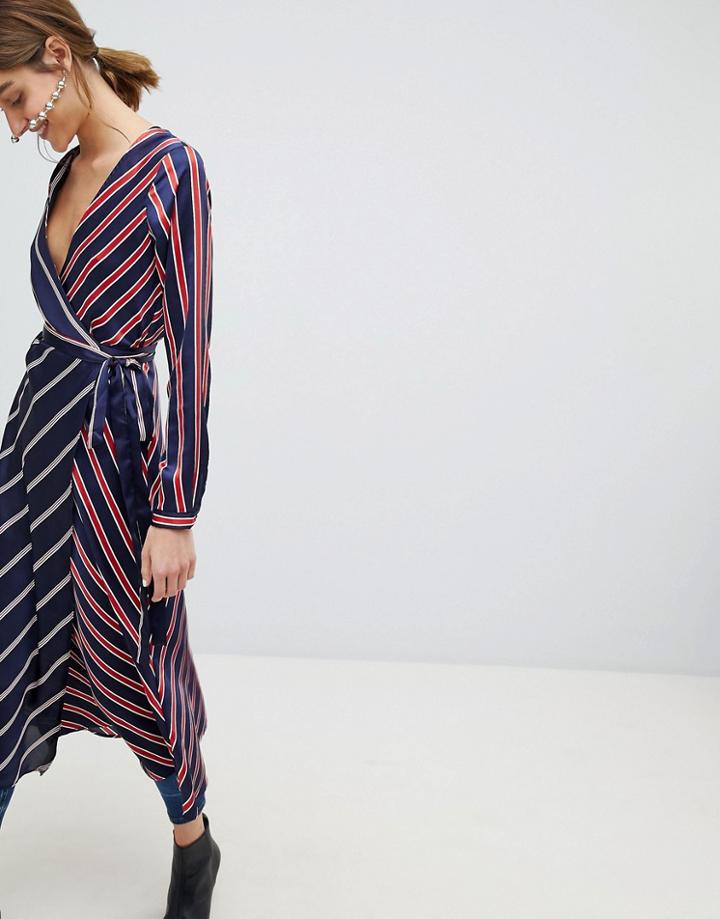 Stradivarius Stripe Satin Wrap Midi Dress - Navy