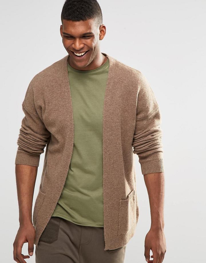 Asos Longline Lambswool Rich Cardigan - Taupe