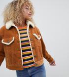 Asos Design Petite Cord Jacket With Fleece Collar In Rust-stone