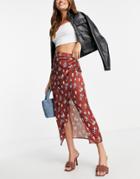 Asos Design Satin Drape Mid Skirt With Thigh Split In Rust Floral Print-multi