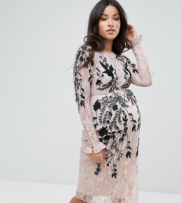 Hope & Ivy Maternity Long Sleeve Lace Dress With Embellished Detail - Beige