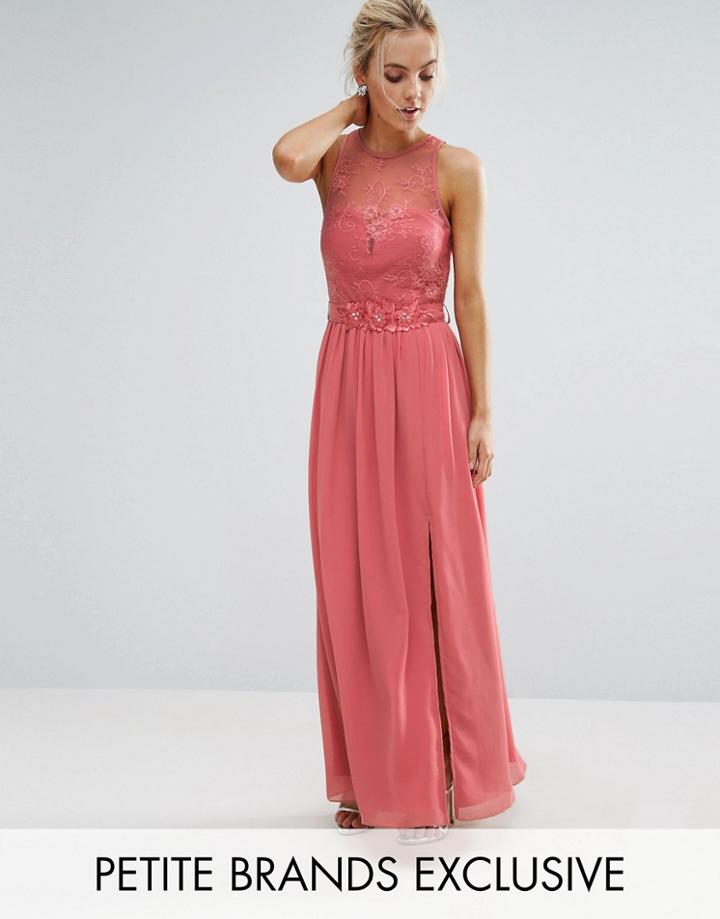 Little Mistress Petite Allover Lace Top Maxi Dress With Applique Belt Detail - Pink